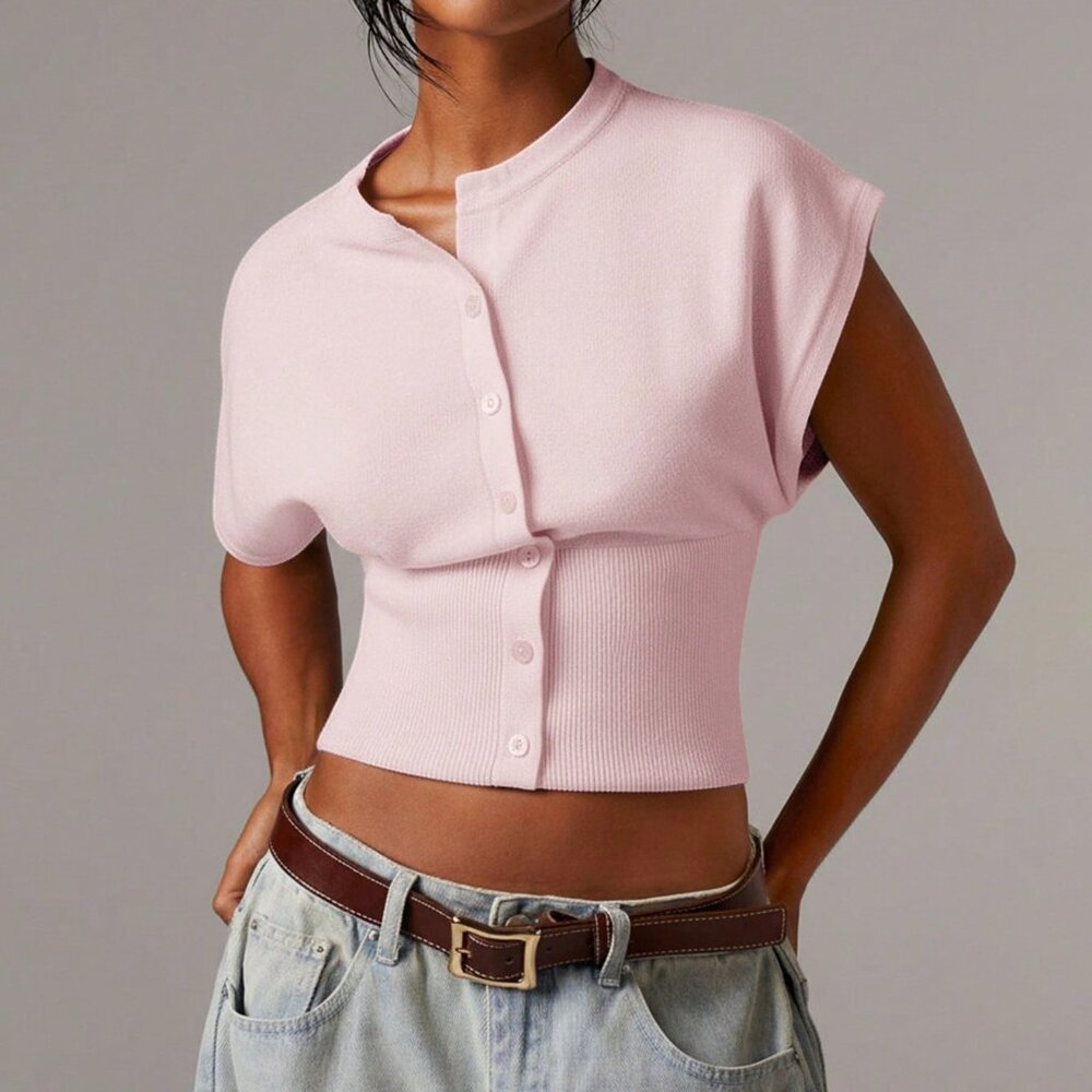 Baby Pink Casual Women's Slim Fit Front Button Minimalist Knit Sweater Vest